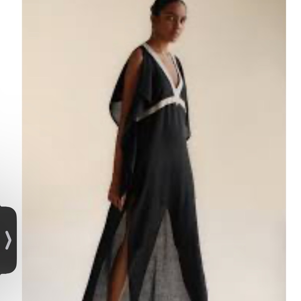 Fara Dress Fresh Kaftan Size M-L  Black Beige Detail Maxi100% Raw Silk NWT